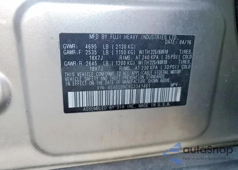 2016 Subaru Outback 2.5I Limited z USA, uszkodzony, nr VIN 4S4BSBNCXG3341461